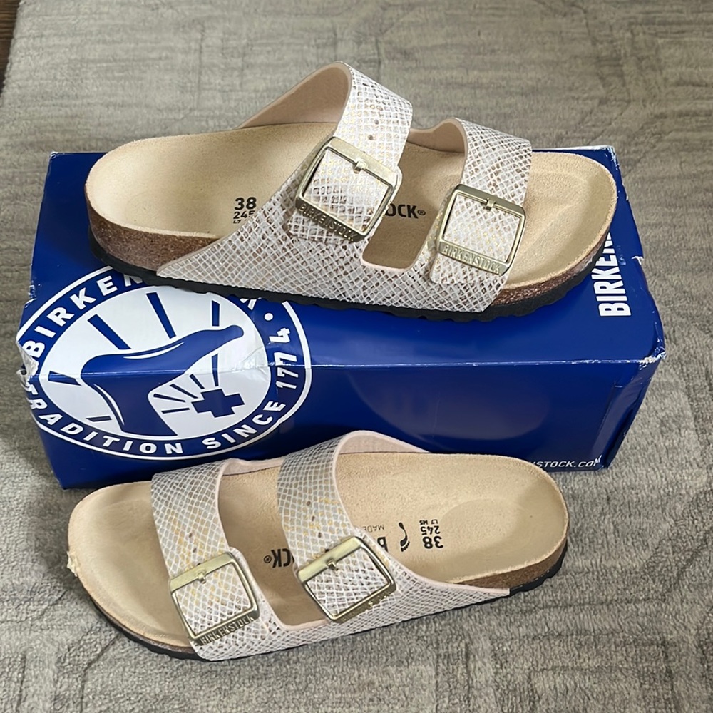 Arizona shiny python eggshell Birkenstocks